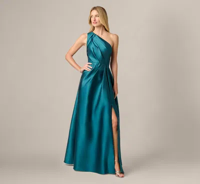 Adrianna Papell One Shoulder Mikado Asymmetrical Pleated Ballgown In Hunter In Blue