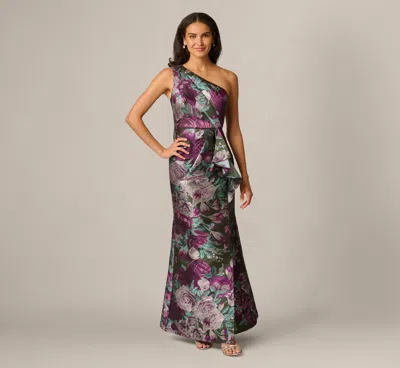 Adrianna Papell One Shoulder Rose Garden Jacquard Mermaid Gown In Green Multi