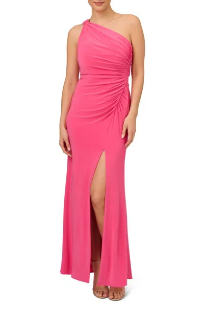 Adrianna Papell One Shoulder Ruched Evening Gown In Pink Lotus