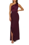 Adrianna Papell One-shoulder Satin-trim Draped Gown In Bordeaux Glow