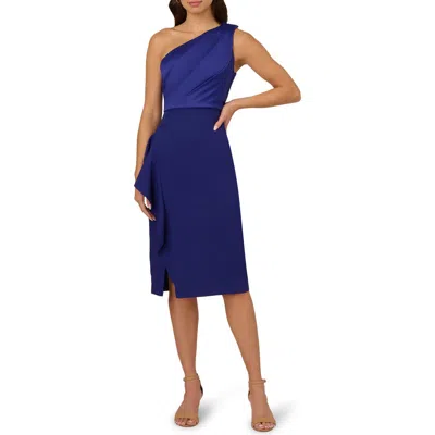 Adrianna Papell One-shoulder Satin Cocktail Midi Dress In Dark Blue Violet