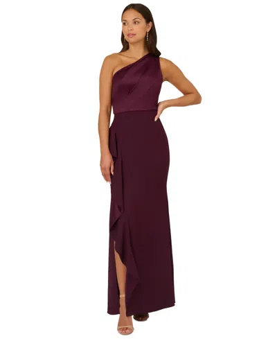 ADRIANNA PAPELL ONE-SHOULDER SATIN-TRIM DRAPED GOWN