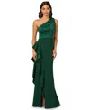 Adrianna Papell One-shoulder Satin-trim Draped Gown In Green