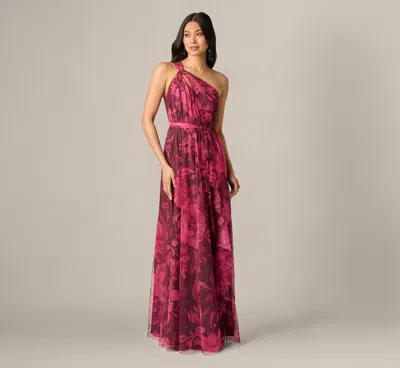 Adrianna Papell One Shoulder Twist Floral Tulle Gown In Burgundy Multi