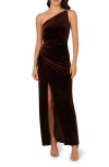 Adrianna Papell One-shoulder Velvet Column Gown In Dark Brown