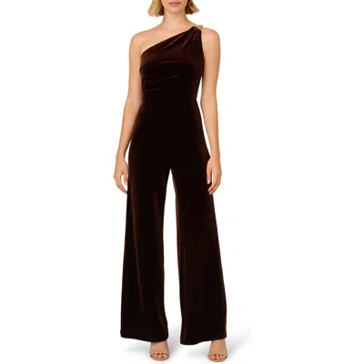 Adrianna Papell One-shoulder Velvet Jumpsuit In Dark Brown