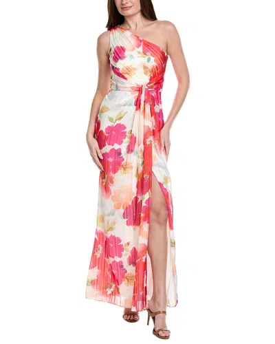 Adrianna Papell One-shoulder Watercolor Floral Stripe Gown In White