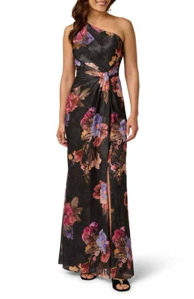 Adrianna Papell One Shoulder Printed Floral Chiffon Gown In Animal Print