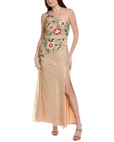 Adrianna Papell One-shoulder Floral Sequin Bead Gown In Neutral