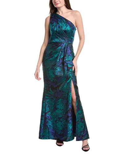 Adrianna Papell One Shoulder Jacquard Gown In Gold