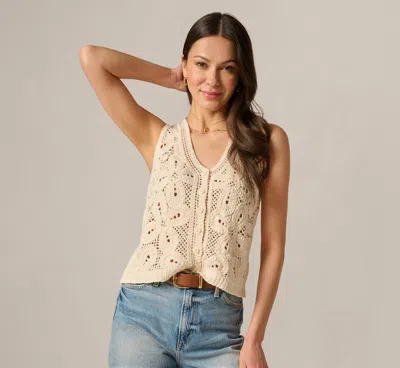 Adrianna Papell Open Knit Floral Crochet Vest In Oatmeal In Brown
