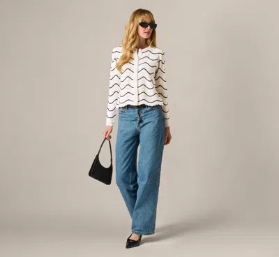 Adrianna Papell Open Pointelle Scalloped Cardigan Sweater In Glacier Black In Blue