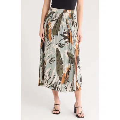 Adrianna Papell Palm Print Pleat Midi Skirt In Dusty Sea Mist Abstract Palm