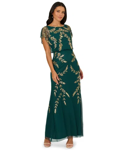 Adrianna Papell Papell Studio Women's Beaded Flutter-sleeve Blouson Gown In Green