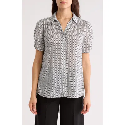 Adrianna Papell Patterned Pinch Sleeve Button-up Shirt In Gray