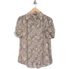 Adrianna Papell Patterned Pinch Sleeve Button-up Shirt In Blush/khaki Sketch Floral