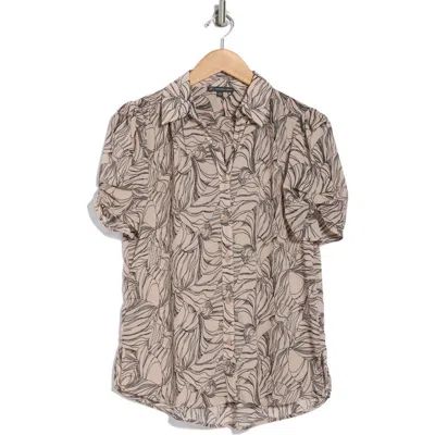 Adrianna Papell Patterned Pinch Sleeve Button-up Shirt In Blush/khaki Sketch Floral