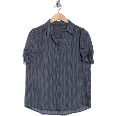 Adrianna Papell Patterned Pinch Sleeve Button-up Shirt In Dusty Blue Diamond Interlock