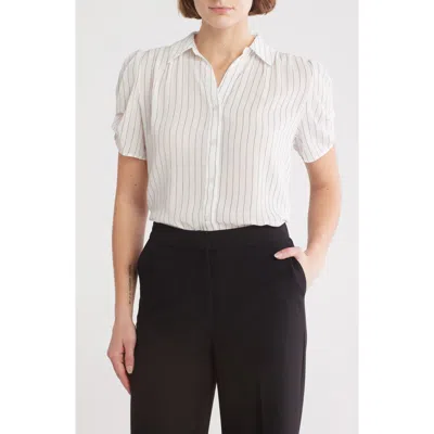 Adrianna Papell Patterned Pinch Sleeve Button-up Shirt In Ivory Vertical Pinstripe