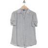 Adrianna Papell Patterned Pinch Sleeve Button-up Shirt In Ivory/black Chainlink Geo