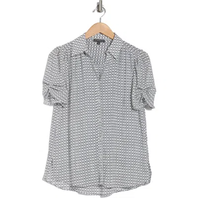 Adrianna Papell Patterned Pinch Sleeve Button-up Shirt In Ivory/black Chainlink Geo