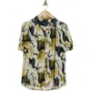 Adrianna Papell Patterned Pinch Sleeve Button-up Shirt In Olive Watercolor Geode