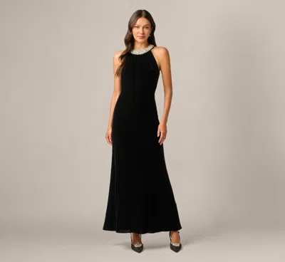 Adrianna Papell Pearly Collar Velvet Halter Gown In Black In Animal Print