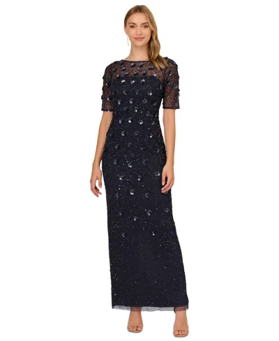 Adrianna Papell Petite 3d Floral Embellished Gown In Blue
