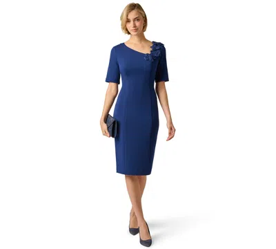 Adrianna Papell Petite Asymmetrical Neck Short-sleeve Dress In Blue