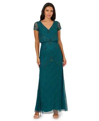 Adrianna Papell Petite Bead Blouson V-neck Long Dress In Blue