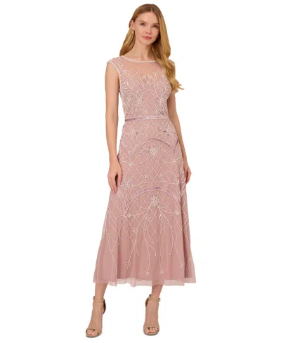 Adrianna Papell Beaded Cocktail Midi Dress In Dusted Petal,ivory