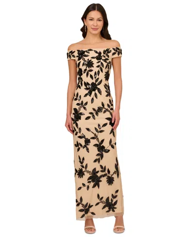 Adrianna Papell Petite Beaded Mesh Off-the-shoulder Gown In Black Nude