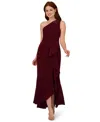 Adrianna Papell Petite Beaded Ruffled One-shoulder Gown In Brown