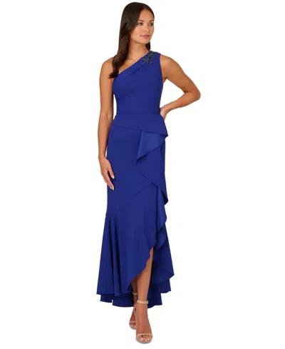 Adrianna Papell Petite Beaded Ruffled One-shoulder Gown In Royal Saphire