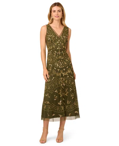Adrianna Papell Petite Beaded Sleeveless Dress In Green