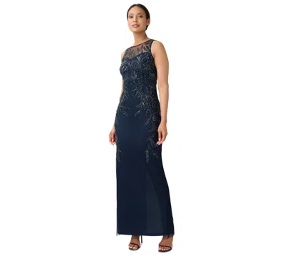 Adrianna Papell Petite Beaded Sleeveless Sheath Gown In Midnight