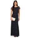 Adrianna Papell Beaded Mesh Gown In Midnight