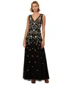 Adrianna Papell Beaded Floral Mesh A-line Gown In Black Multi