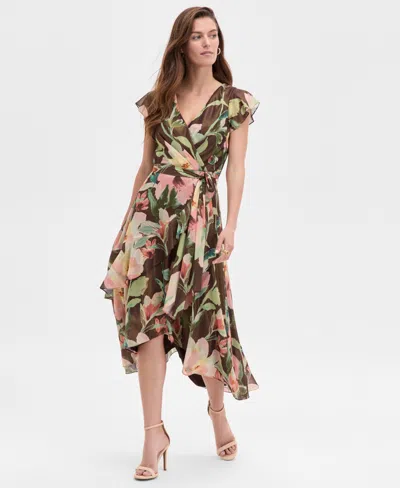 Adrianna Papell Petite Floral High-low Midi Dress In Multi