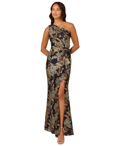ADRIANNA PAPELL PETITE FLORAL-JACQUARD ONE-SHOULDER GOWN