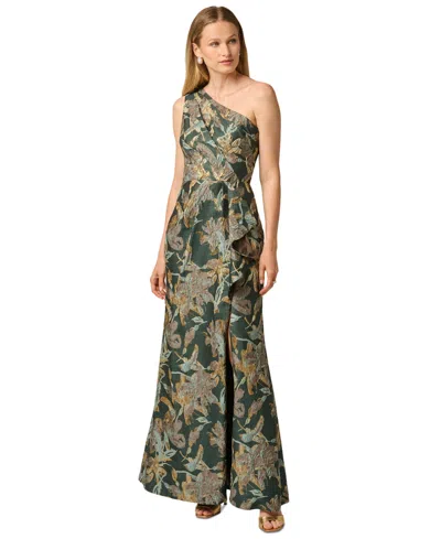 Adrianna Papell Petite Floral-jacquard One-shoulder Gown In Green