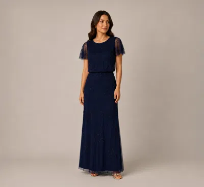 Adrianna Papell Petite Flutter Sleeve Floral Beaded Blouson Gown In Navy In Blue