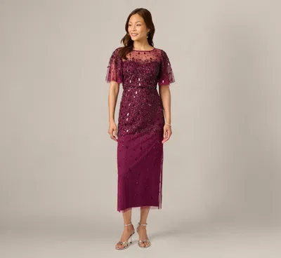 Adrianna Papell Petite Flutter Sleeve Sequin Beaded Midi Dress In Bordeaux In Burgundy