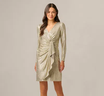 Adrianna Papell Petite Foil Knit Faux Wrap Dress With Long Sleeves In Light Gold