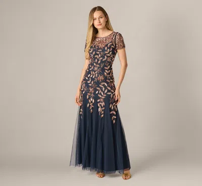 Adrianna Papell Petite Hand Beaded Short Sleeve Floral Godet Gown In Navy Rosegold In Blue