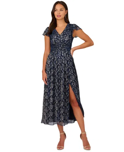 Adrianna Papell Petite Metallic-print Crinkle Belted Dress In Navy Silver
