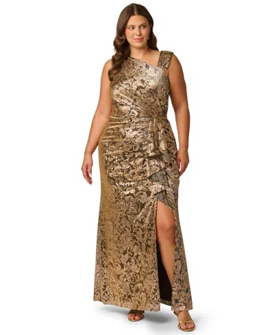Adrianna Papell Petite Metallic-floral Asymmetrical Neckline Sleeveless Gown In Brown