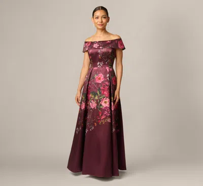 Adrianna Papell Petite Off Shoulder Garden Floral Mikado Ballgown In Burgundy Multi In Purple