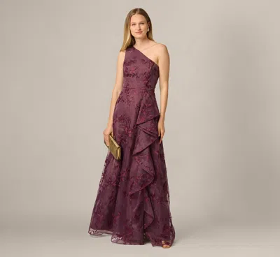 Adrianna Papell Petite One Shoulder Floral Embroidered Gown In Raisin In Burgundy
