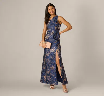 Adrianna Papell Petite One Shoulder Floral Jacquard Bow Gown In Navy Rosegold In Multi